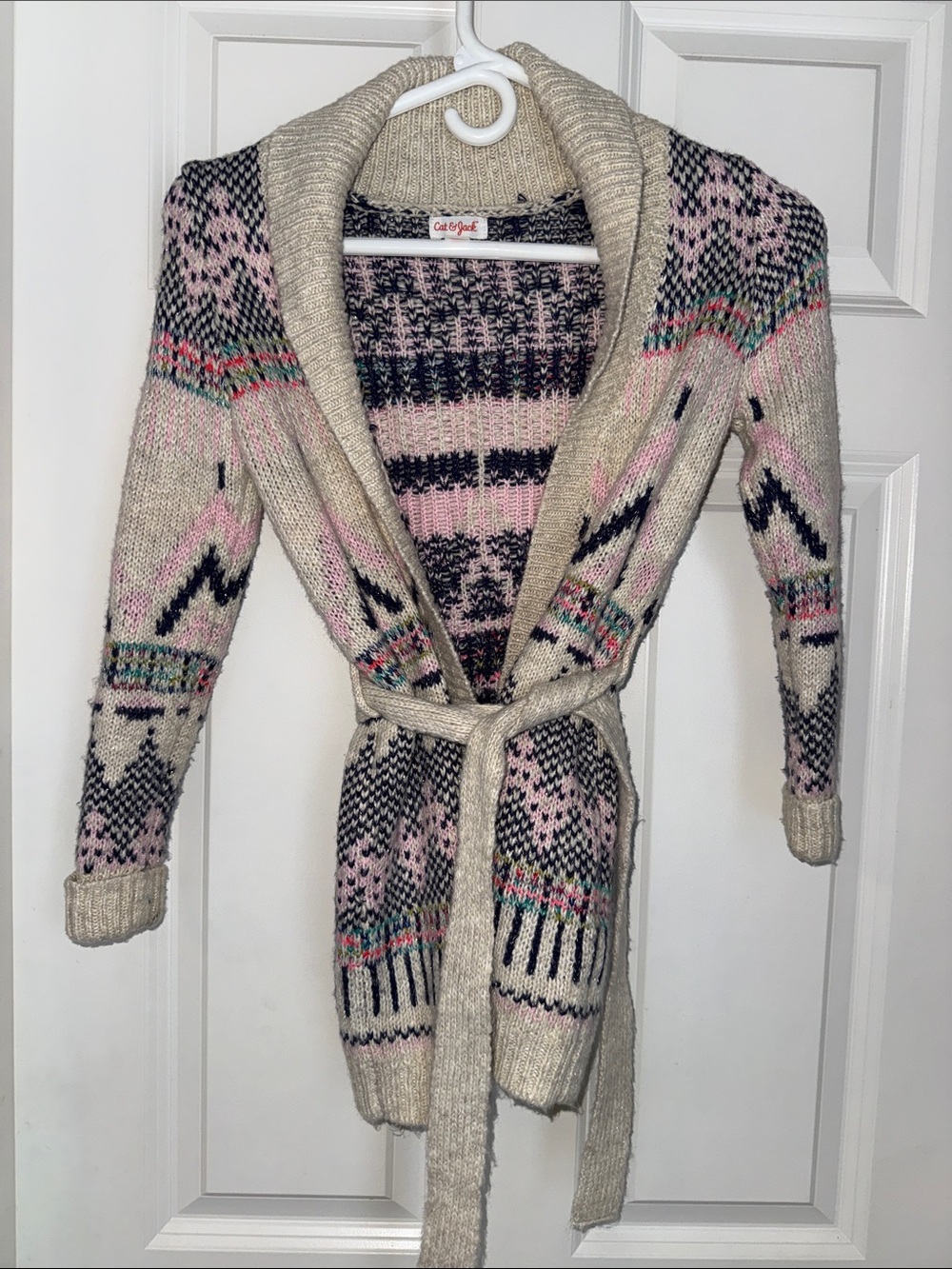 Cat & Jack Cream Shawl Collar Belted Cardigan with Pink & Black Pattern